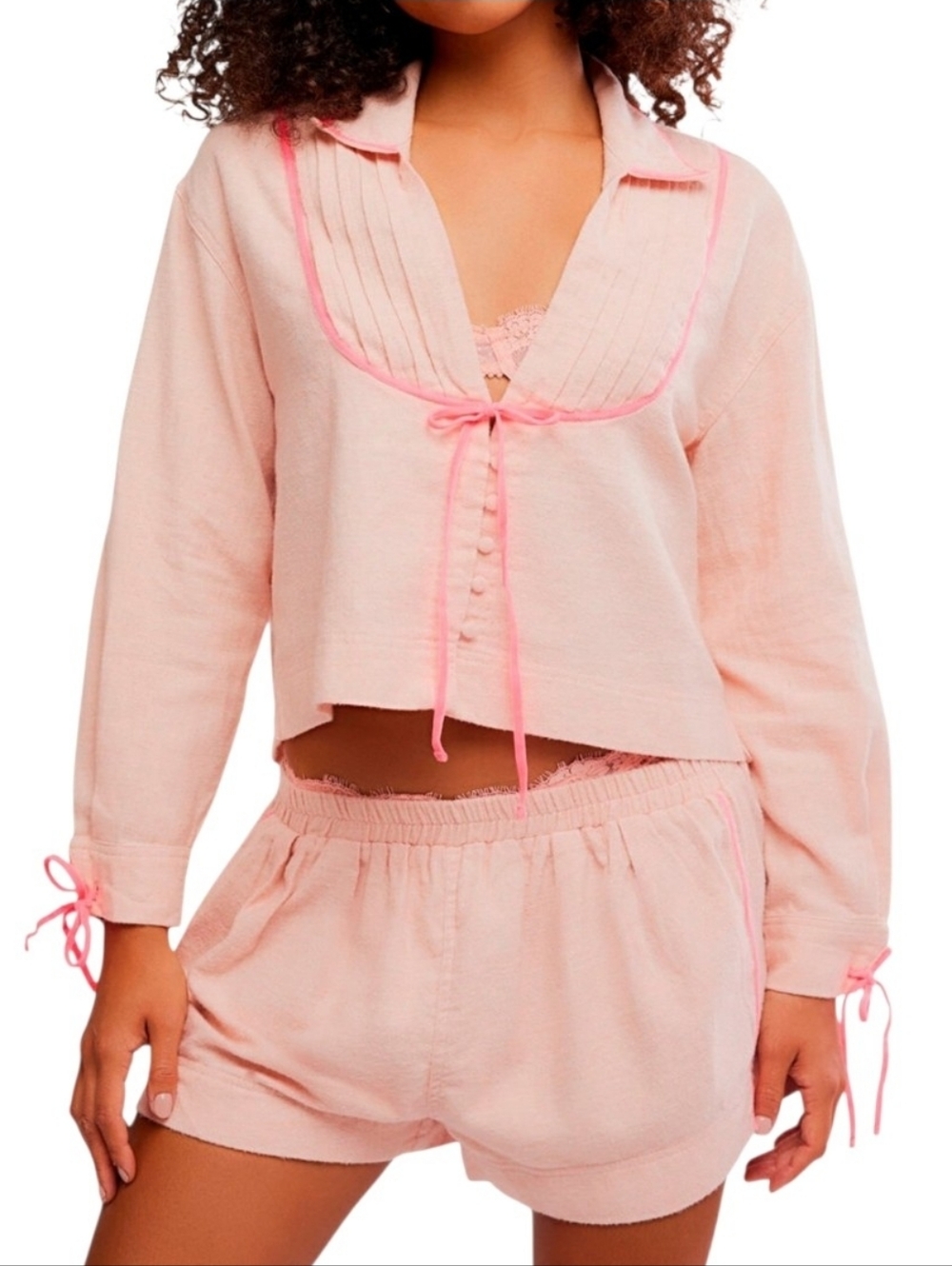 Free People Flannel Two 2 Piece Pajama Shorts Set CLOSE TO HOME Peach S-XL